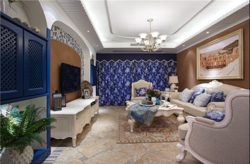 蔚蓝基调的地中海风格130平米三居室装修效果图